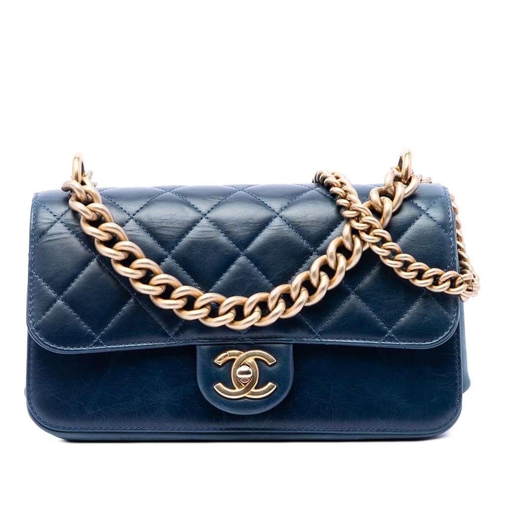 Chanel Small Quilted Calfskin Straight Lined Flap Blue Leather Very good - Front View