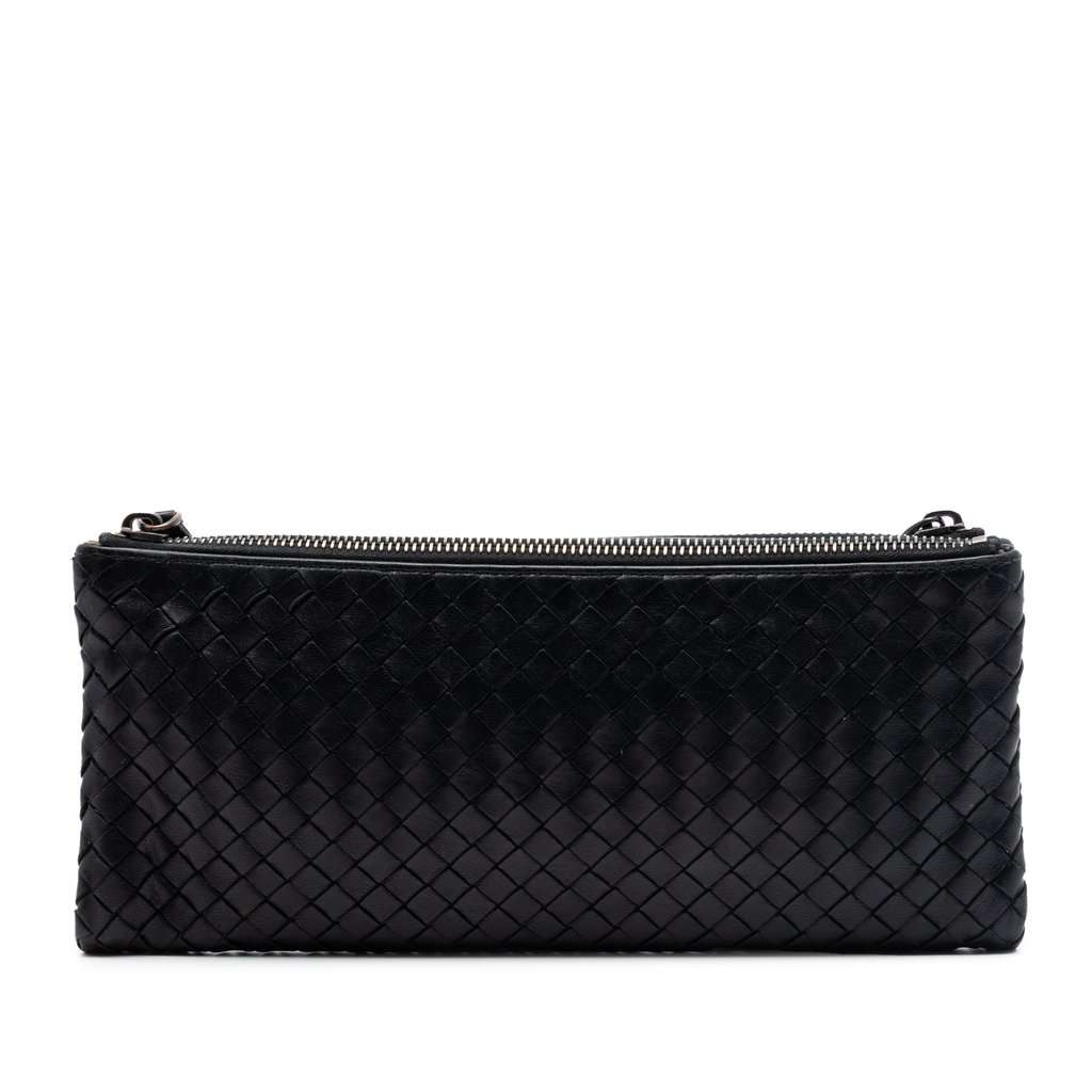 Bottega Veneta Nappa Intrecciato Double Zip Clutch Black Leather Very good condition - Front View