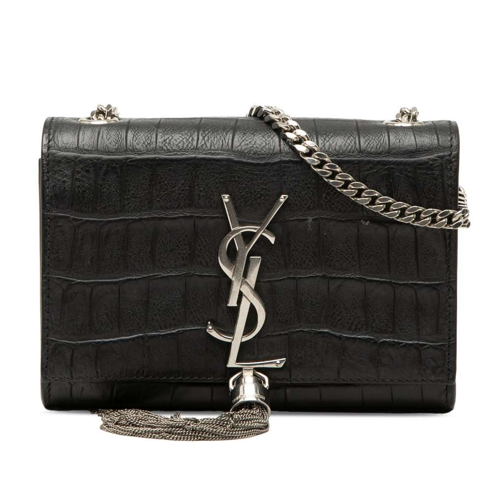 Saint Laurent Small Croc Embossed Leather Monogram Kate Tassel Crossbody Black Leather Very good condition - Front View