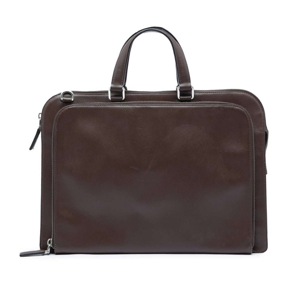 Prada Saffiano Cuir Travel Front Zip Pocket Briefcase Brown Leather Very good - Front View