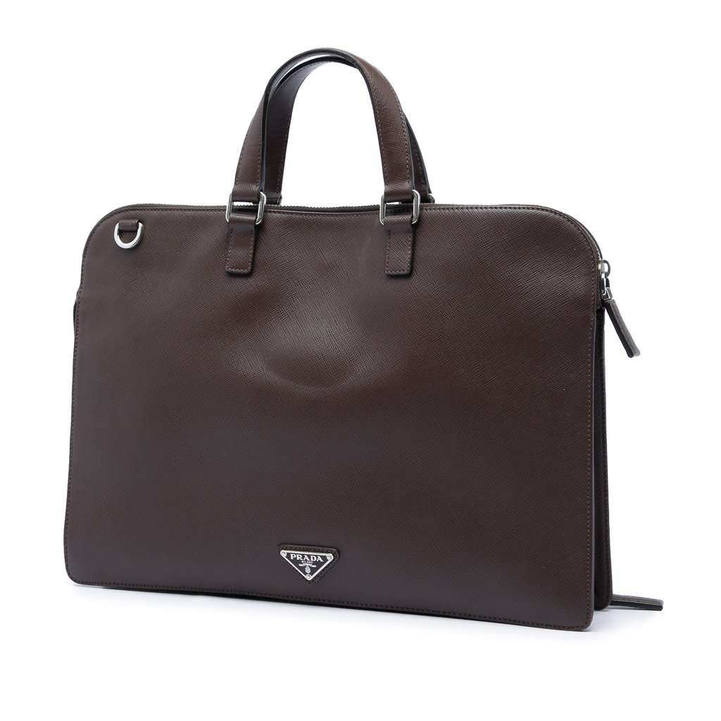 Prada Saffiano Cuir Travel Front Zip Pocket Briefcase Brown Leather Very good - Back View