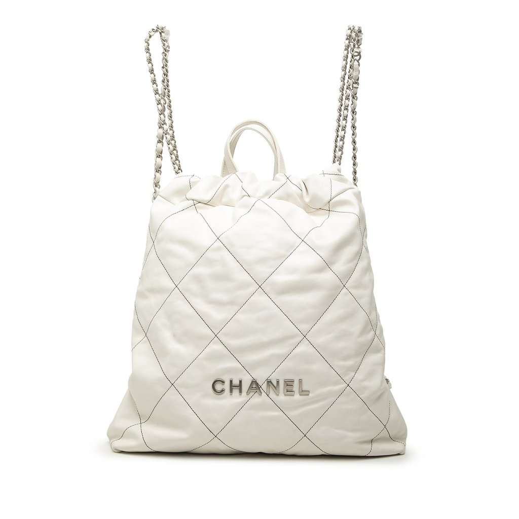 Chanel Large Quilted Shiny Calfskin 22 Backpack White Leather Very good condition - Front View