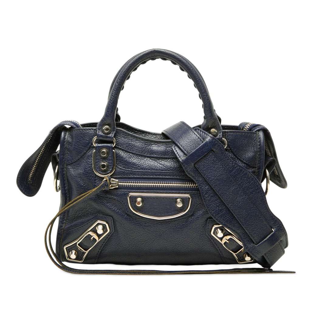 Balenciaga Mini Goatskin Motocross Classic Metallic Edge City Satchel Blue Leather Very good - Front View