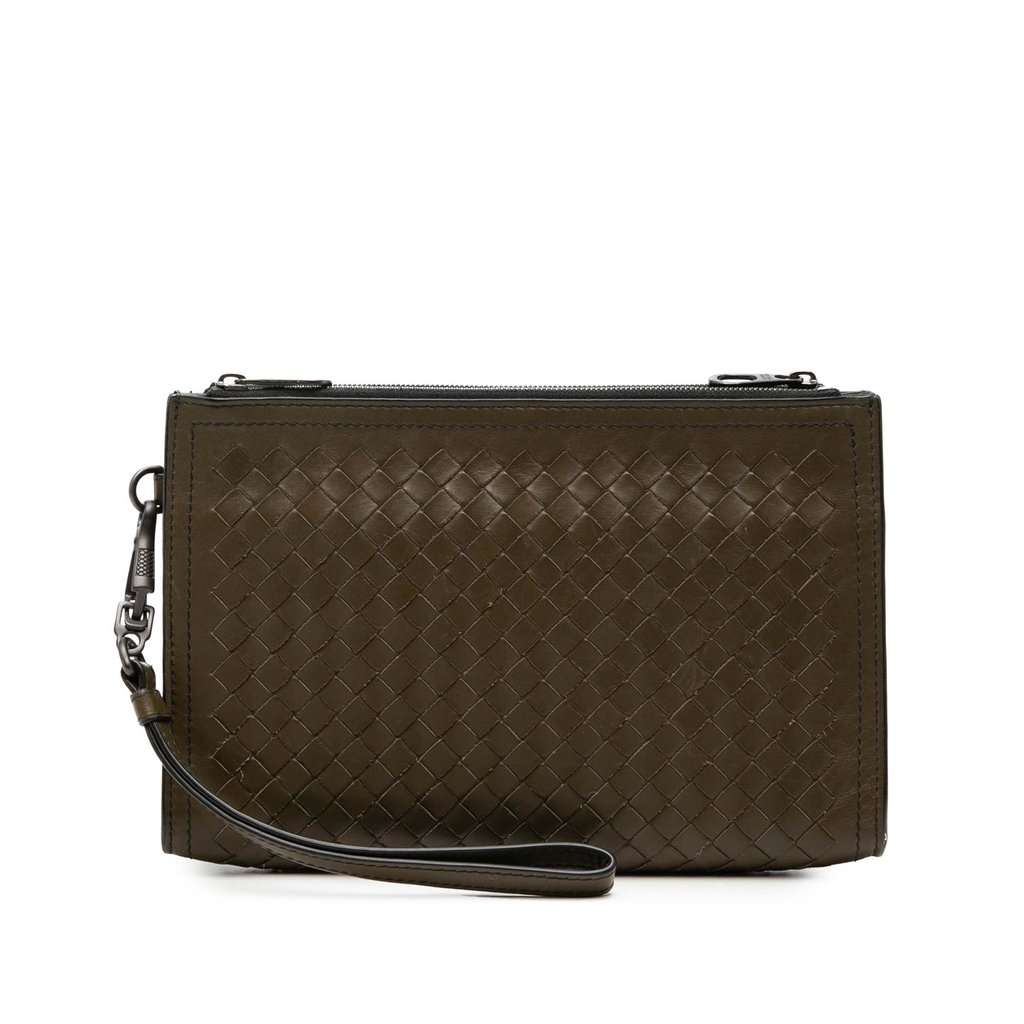 Bottega Veneta Nappa Intrecciato Double Zip Wristlet Clutch Brown Leather Very good condition - Front View