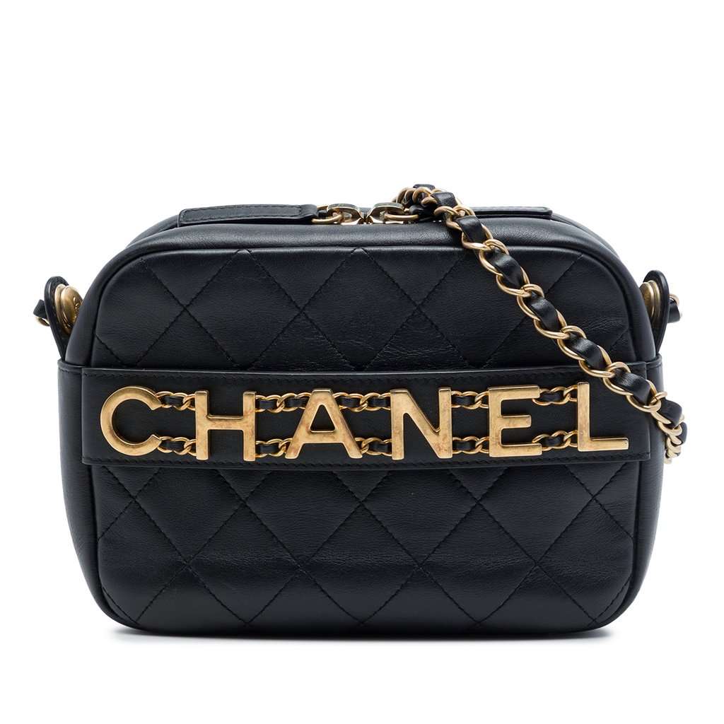 Chanel Quilted Calfskin Logo Enchained Camera Bag Black Leather Very good condition - Front View