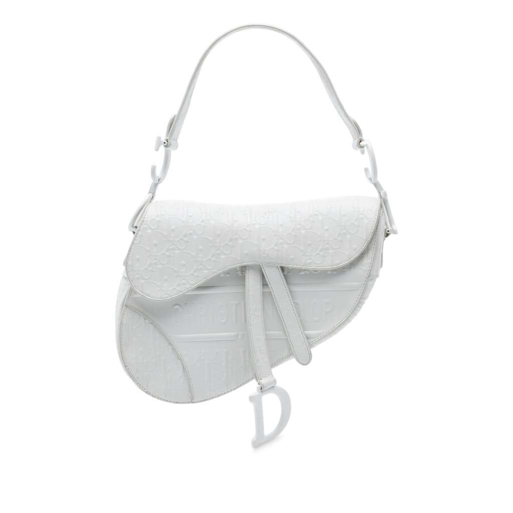Dior Oblique Embossed Calfskin Saddle Bag White Leather Very good condition - Front View