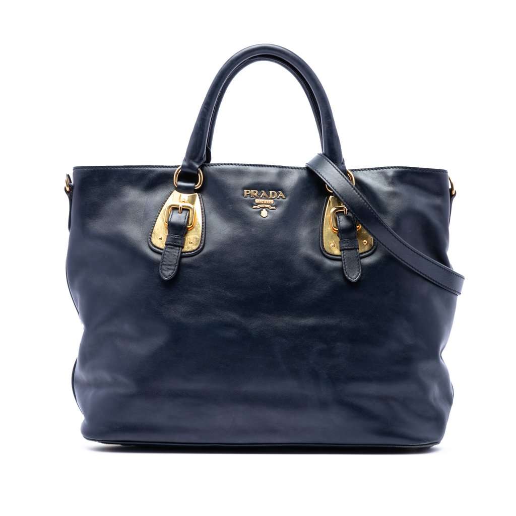 Prada Soft Calfskin Open Convertible Shopping Tote Blue Leather Very good condition - Front View