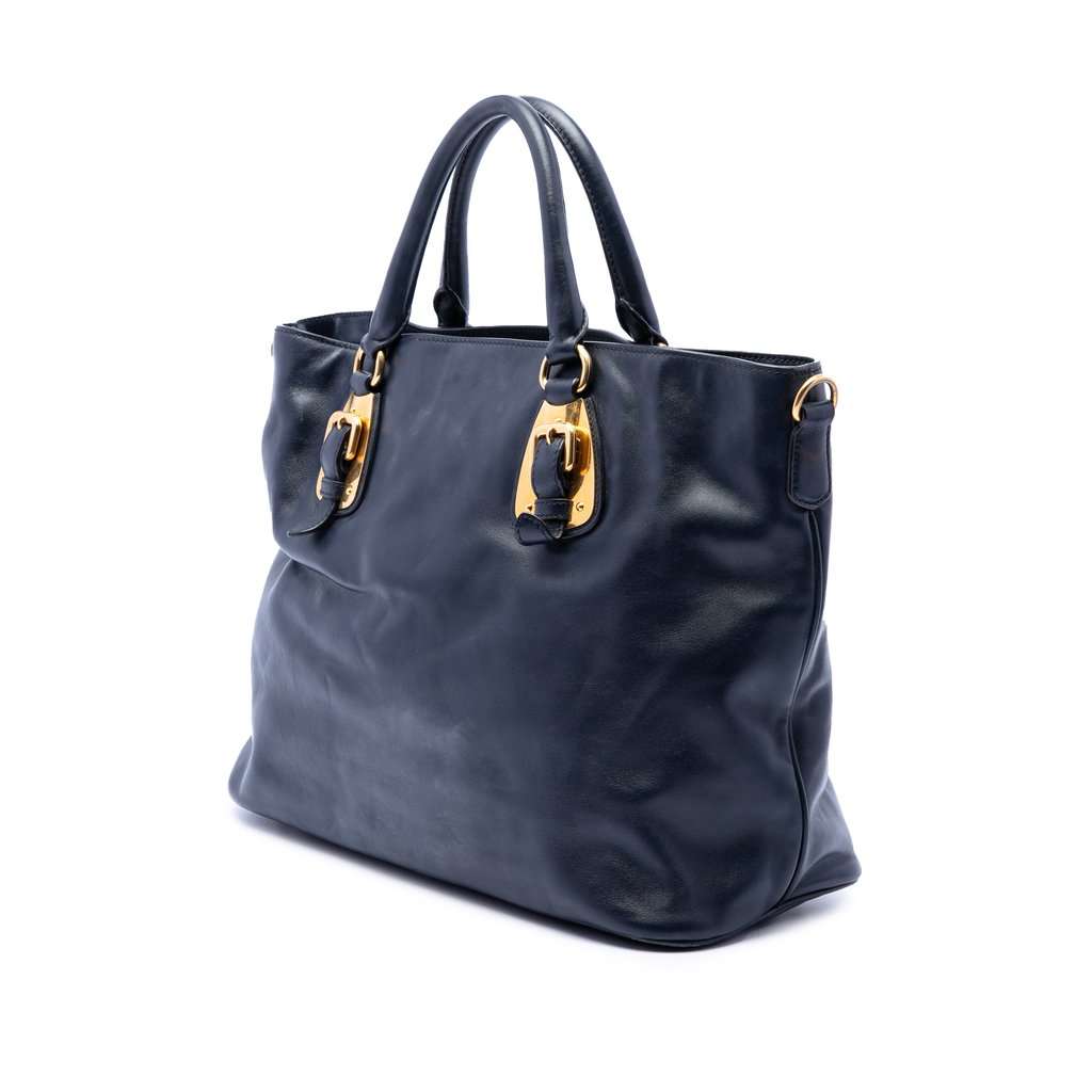 Prada Soft Calfskin Open Convertible Shopping Tote Blue Leather Very good condition - Back View