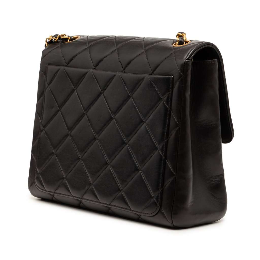 Chanel Small Square Quilted Lambskin Straight Single Flap Black Leather Very good condition - Back View