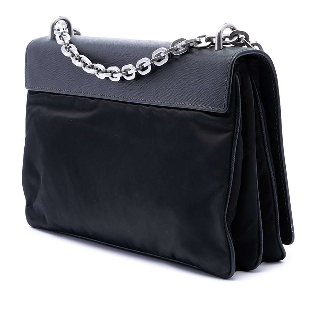 Prada Saffiano Lux and Tessuto Chain Crossbody Black Leather Very good condition - Back View