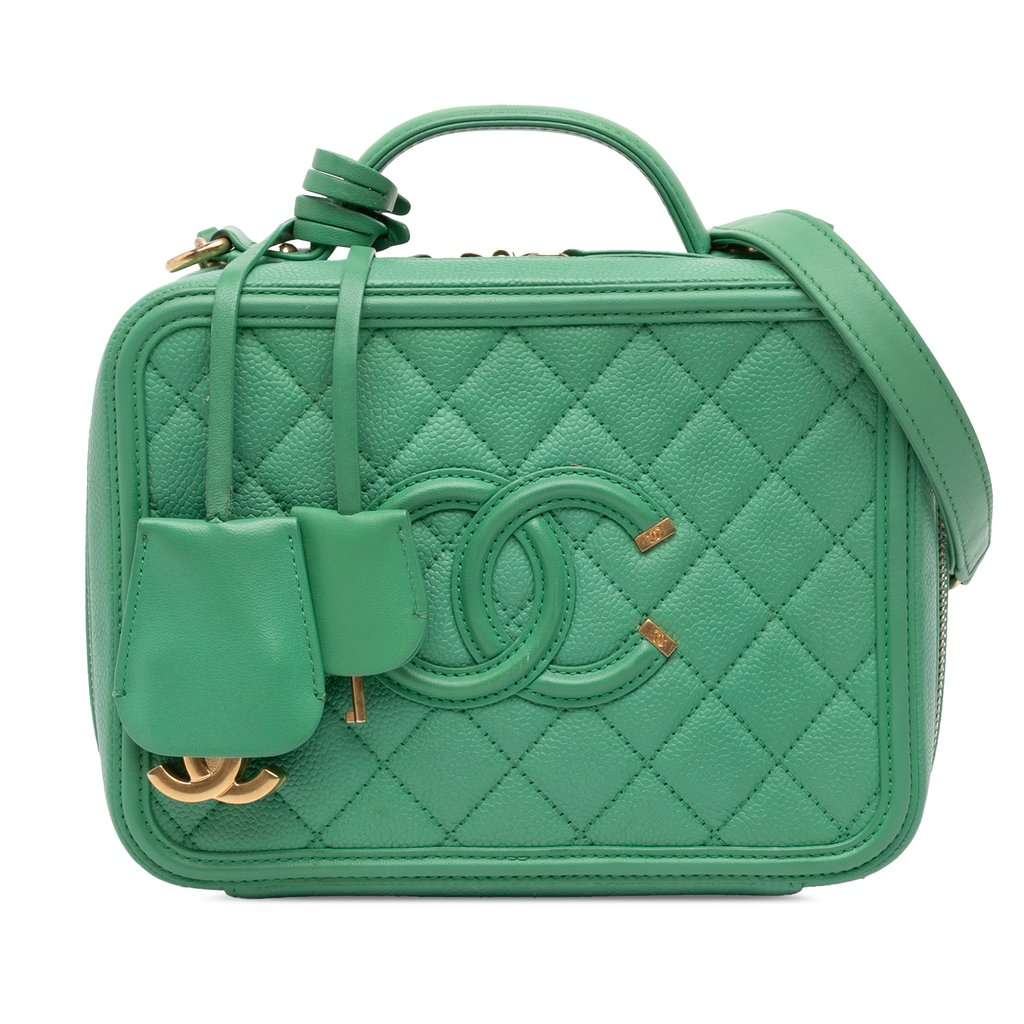 Chanel Medium Caviar CC Filigree Vanity Case Green Leather Good condition - Front View