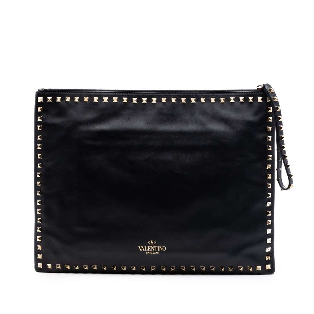 Valentino Large Leather Rockstud Clutch Black Leather Very good condition - Front View