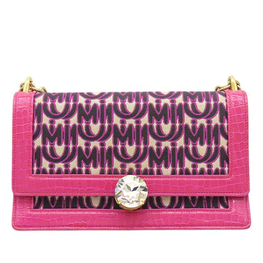 Miu Miu MM Paris Emiuticon Jacquard and Croc Embossed Patent Crystal Chain Crossbody Pink Very good - Front View