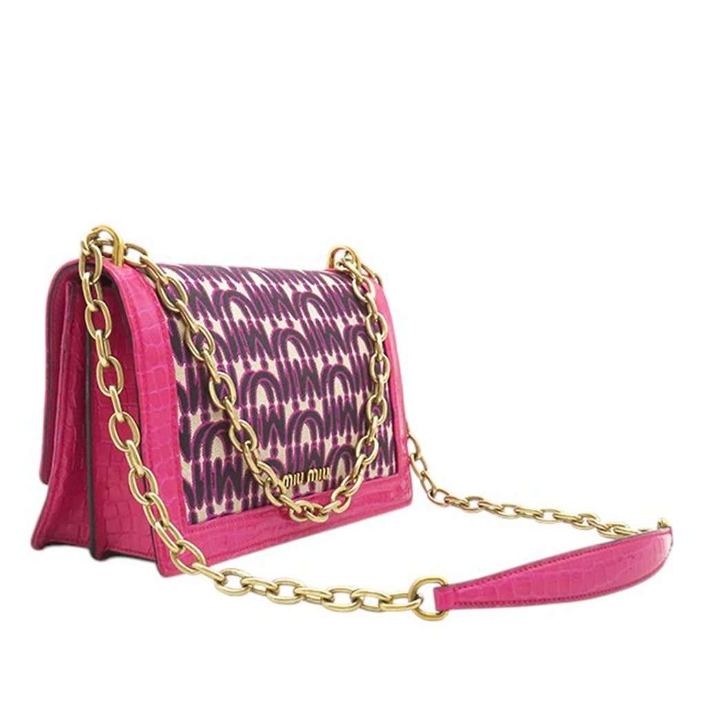 Miu Miu MM Paris Emiuticon Jacquard and Croc Embossed Patent Crystal Chain Crossbody Pink Very good - Back View