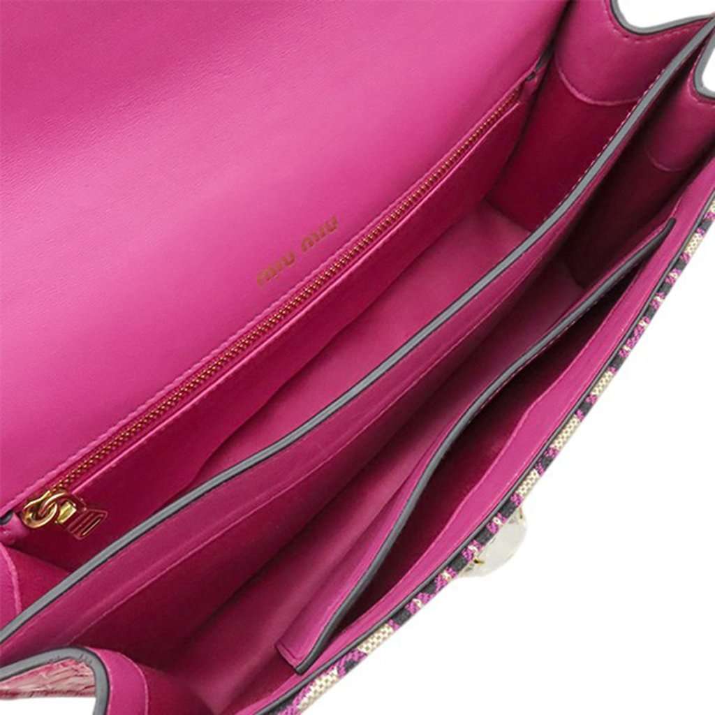 Miu Miu MM Paris Emiuticon Jacquard and Croc Embossed Patent Crystal Chain Crossbody Pink Very good - Model View
