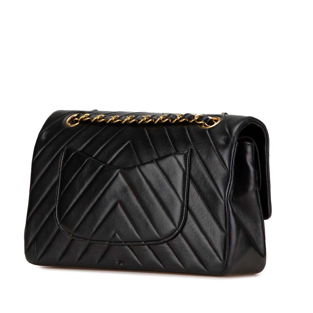 Chanel Small Classic Chevron Lambskin Double Flap Black Leather Very good condition - Back View