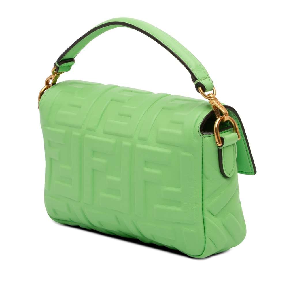 Fendi Mini Zucca Embossed Leather Baguette Satchel Green Leather Very good - Back View