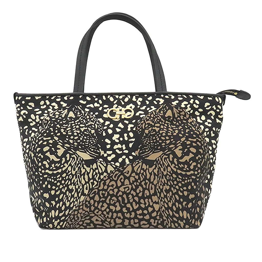 Salvatore Ferragamo Nylon Leopard Print Double Gancini Tote Black Very good - Front View