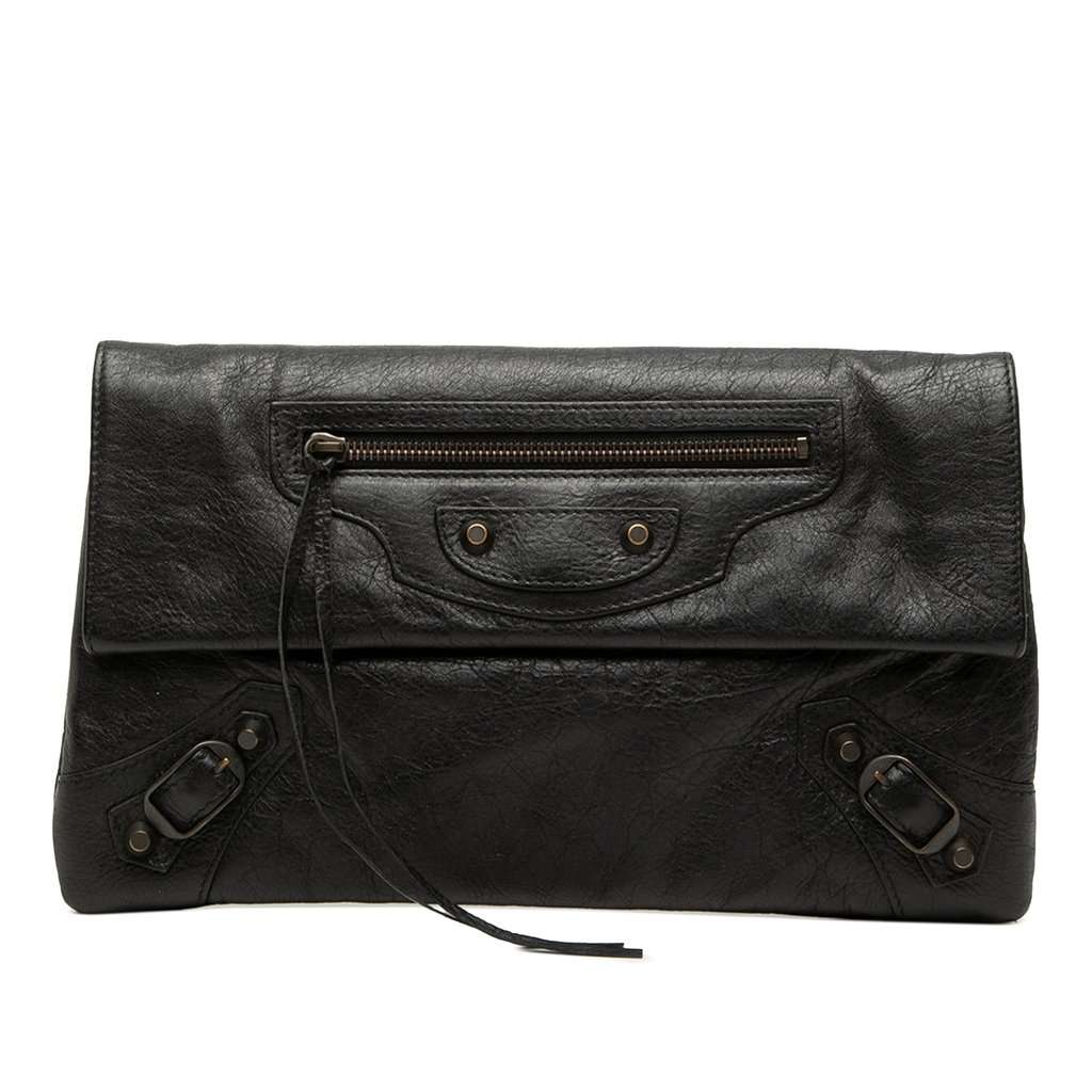 Balenciaga Lambskin Motocross Classic Envelope Clutch Black Leather Very good condition - Front View