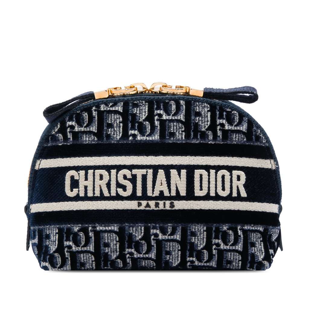 Dior Oblique Embroidered Velvet Cosmetic Pouch Blue Very good - Front View