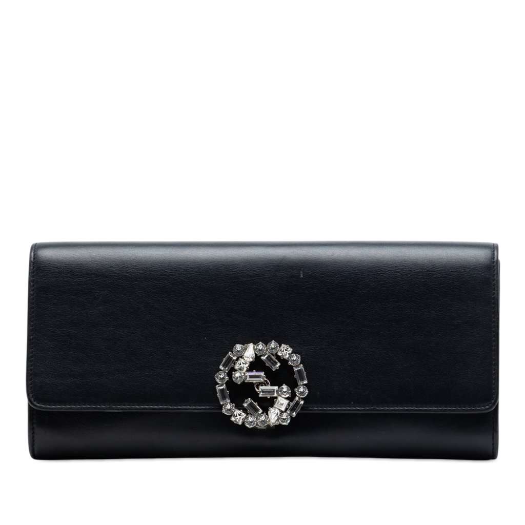 Gucci Calfskin Crystals Broadway Clutch Black Leather Very good condition - Front View