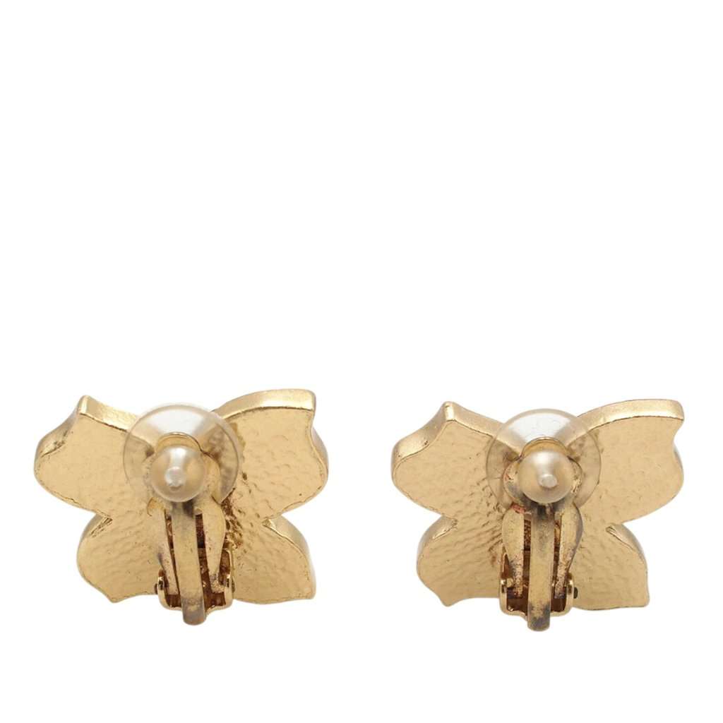 Chanel CC Gold Plated Enamel Flower Clip On Earrings Gold Metal Very good condition - Back View