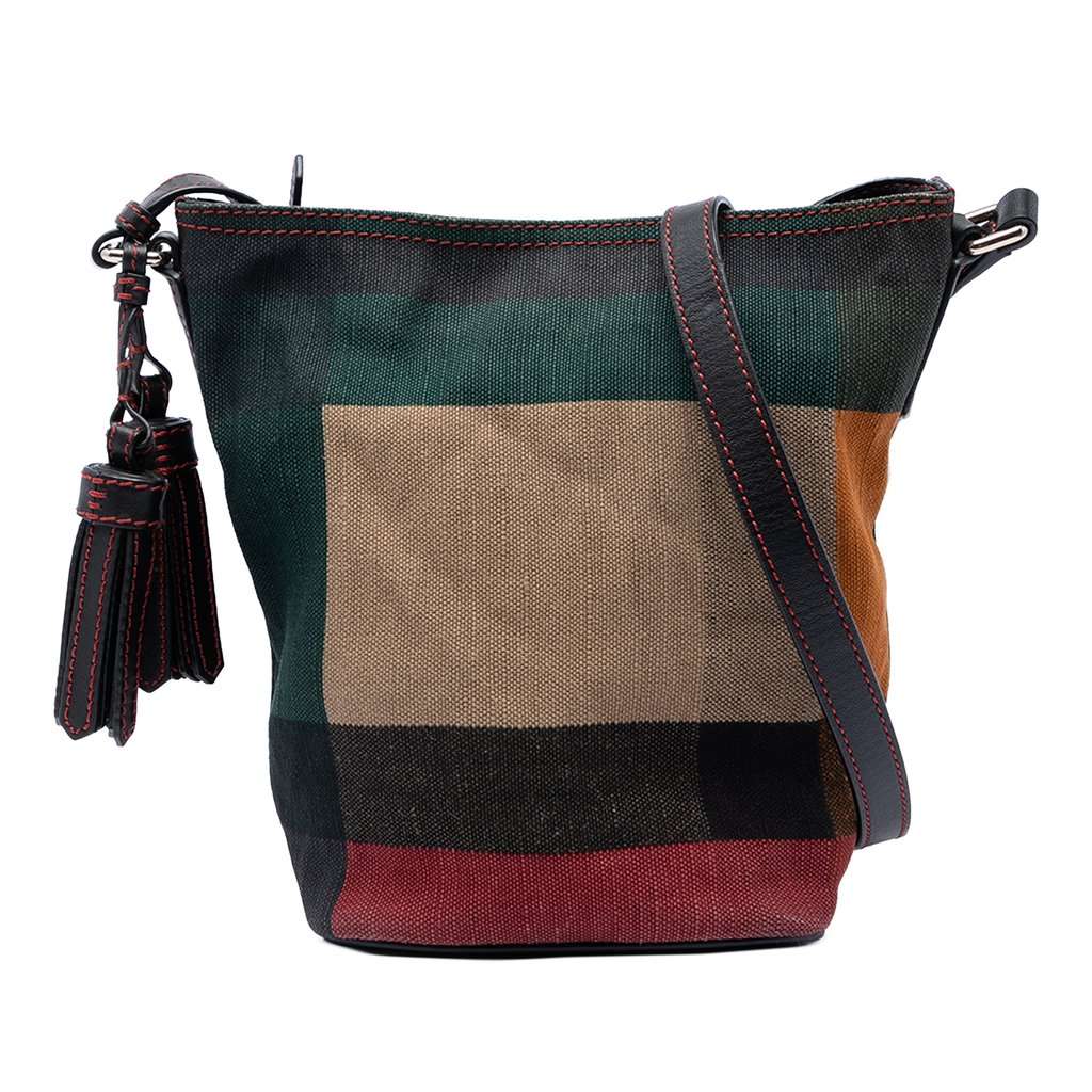 Burberry Mini Mega Check Canvas Ashby Tassel Bucket Bag Brown Very good condition - Front View