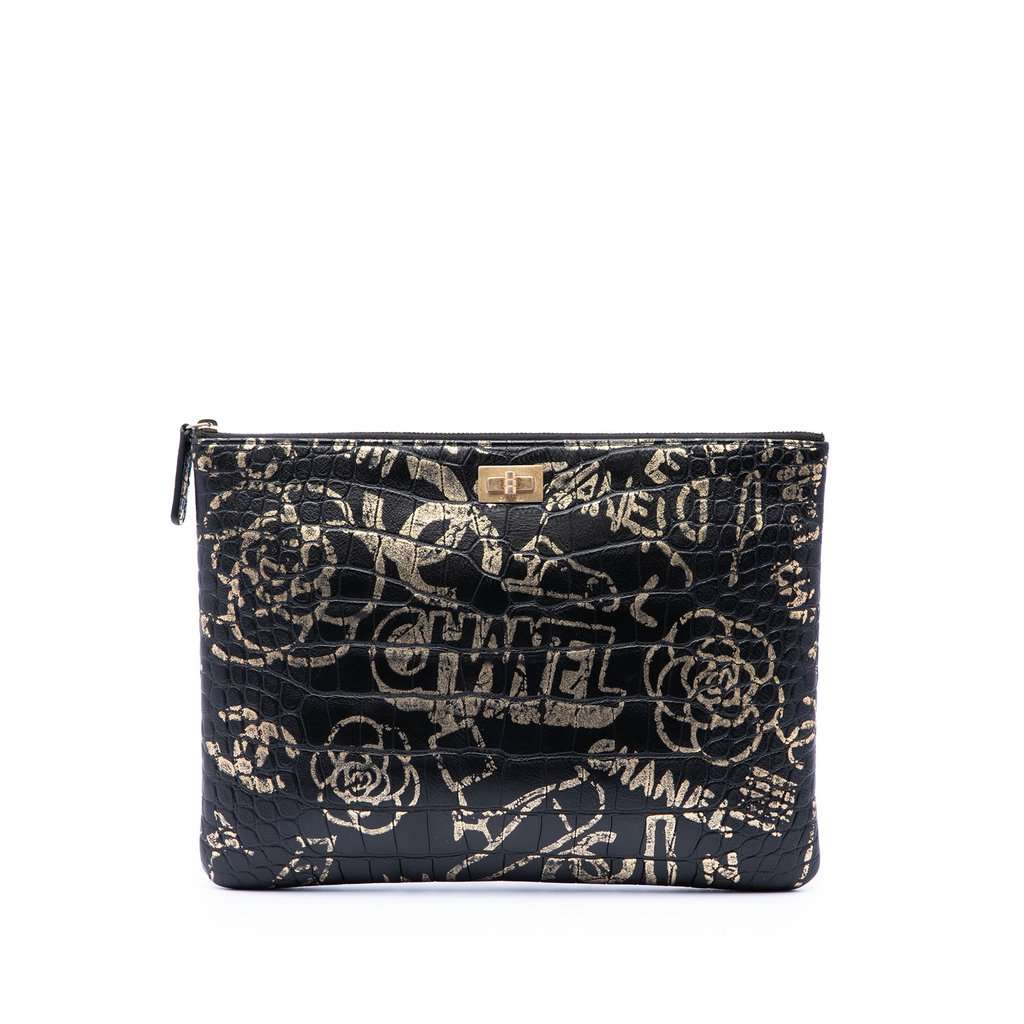 Chanel Crocodile Embossed Calfskin Cocodile Graffiti 2.55 Reissue Clutch Black Leather Very good condition - Front View