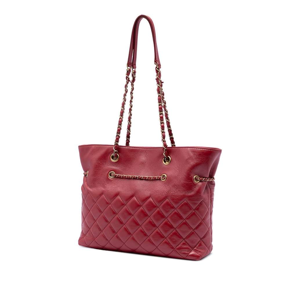 Chanel CC Quilted Calfskin Front Zip Drawstring Chain Tote Red Leather Very good - Back View