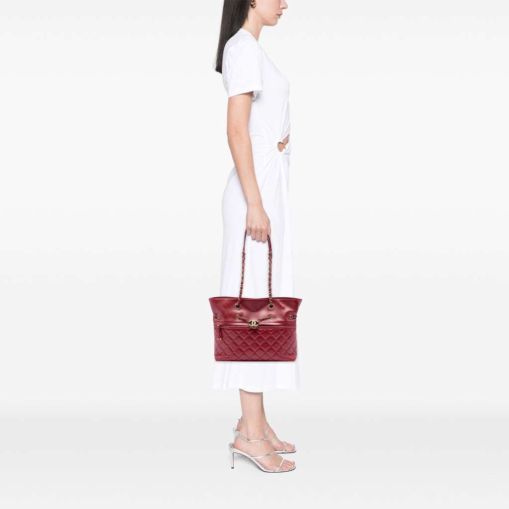 Chanel CC Quilted Calfskin Front Zip Drawstring Chain Tote Red Leather Very good - Box View