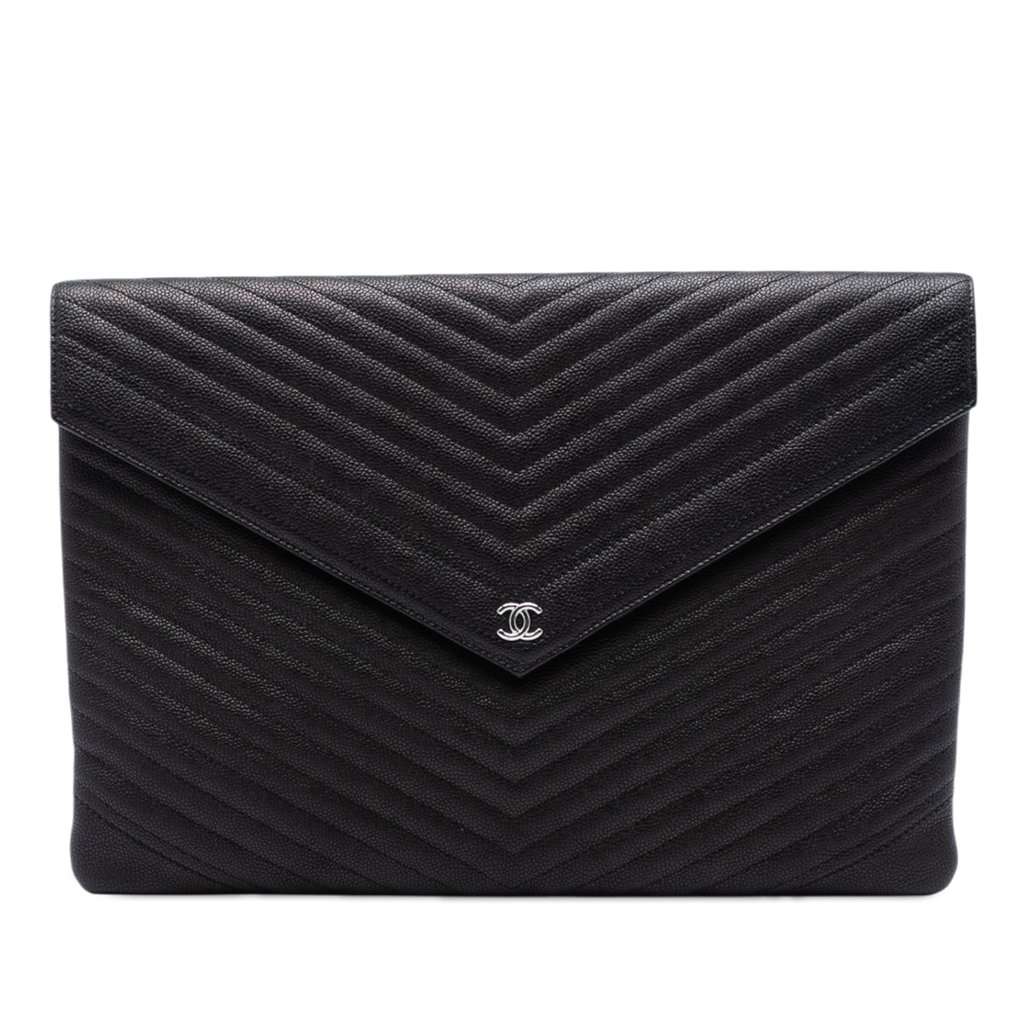 Chanel Large Chevron Caviar Statement Envelope Clutch Black Leather Very good - Front View