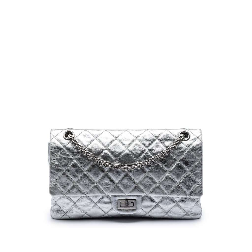 Chanel Quilted Metallic Aged Calfskin Reissue 2.55 Double Flap 226 Silver Leather Very good condition - Front View