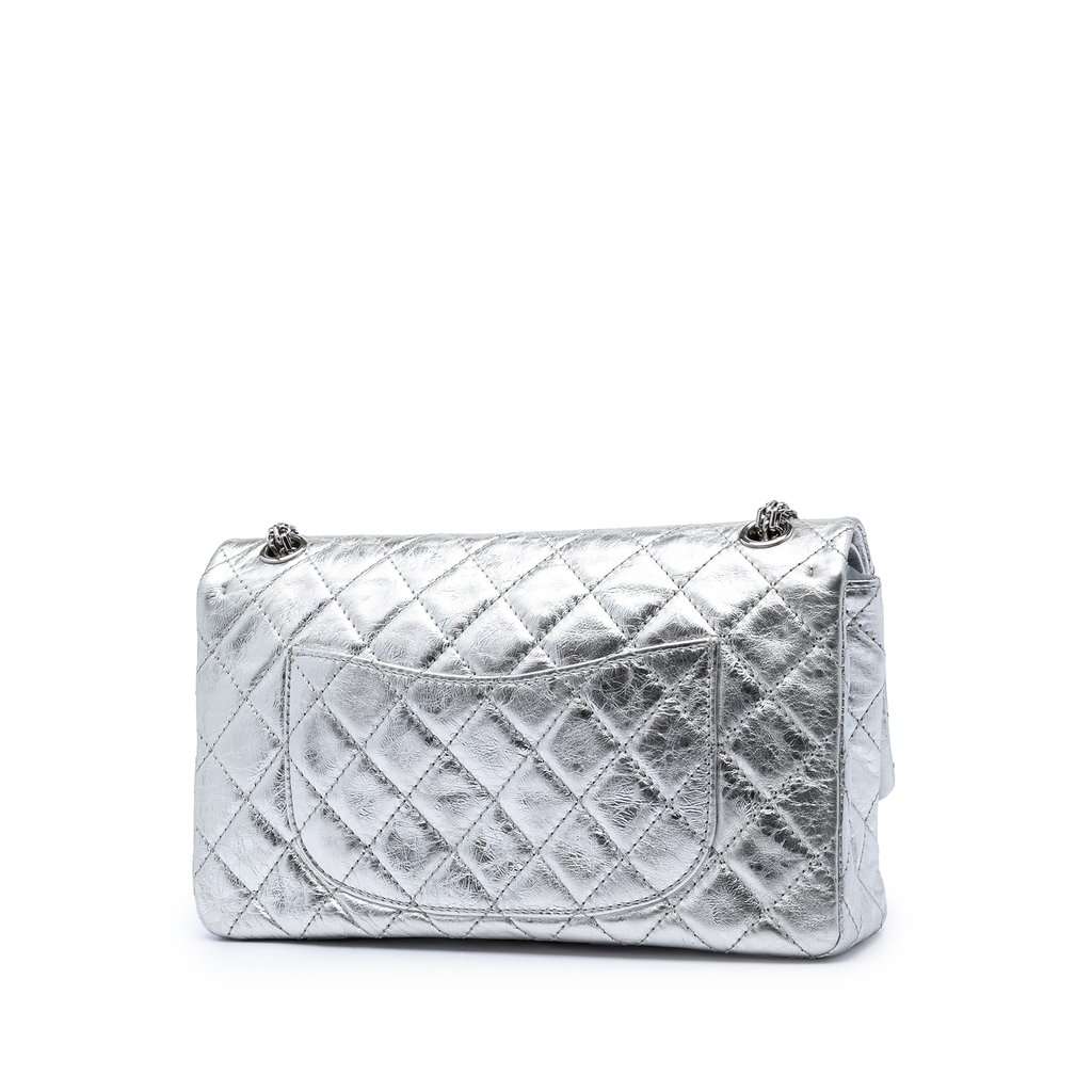 Chanel Quilted Metallic Aged Calfskin Reissue 2.55 Double Flap 226 Silver Leather Very good condition - Back View