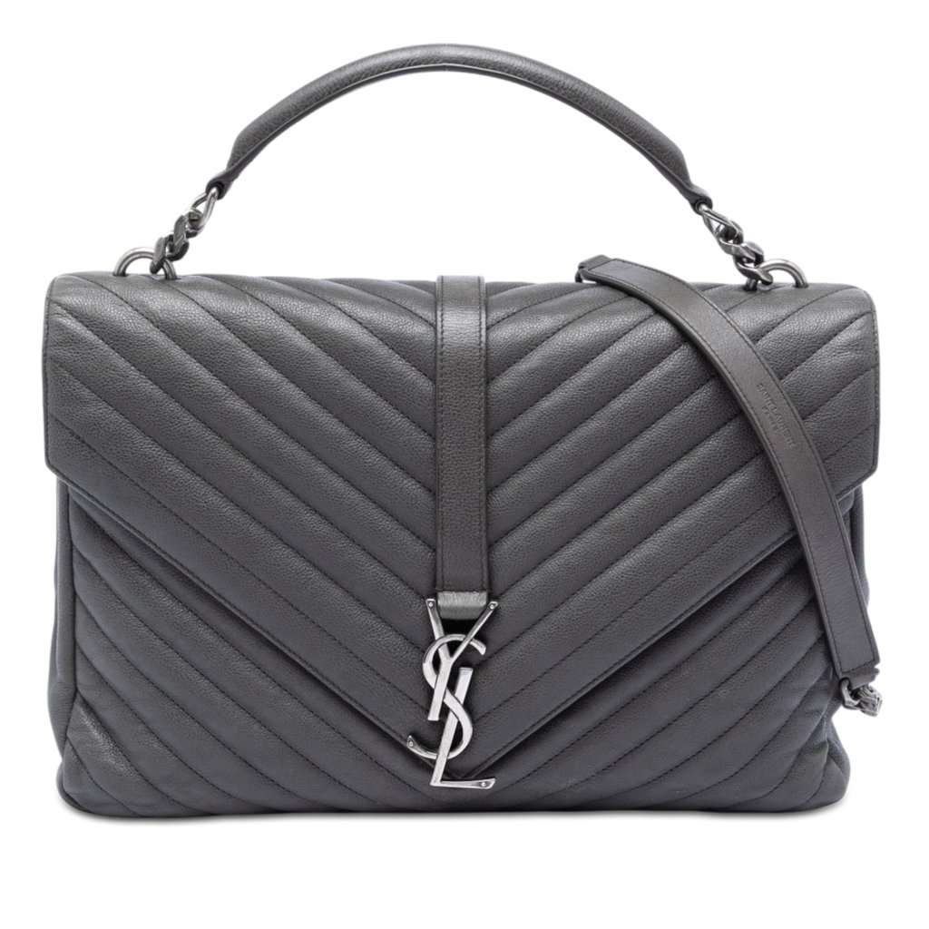 Saint Laurent Large Chevron Sheepskin Monogram College Satchel Green Leather Very good condition - Front View