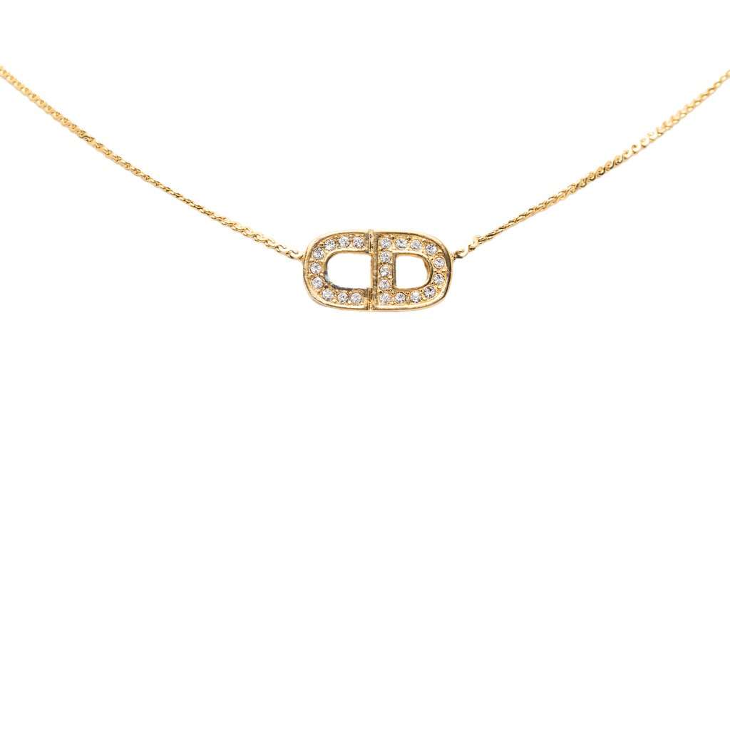 Dior Gold Plated CD Strass Pendant Necklace Gold Metal Very good condition - Front View
