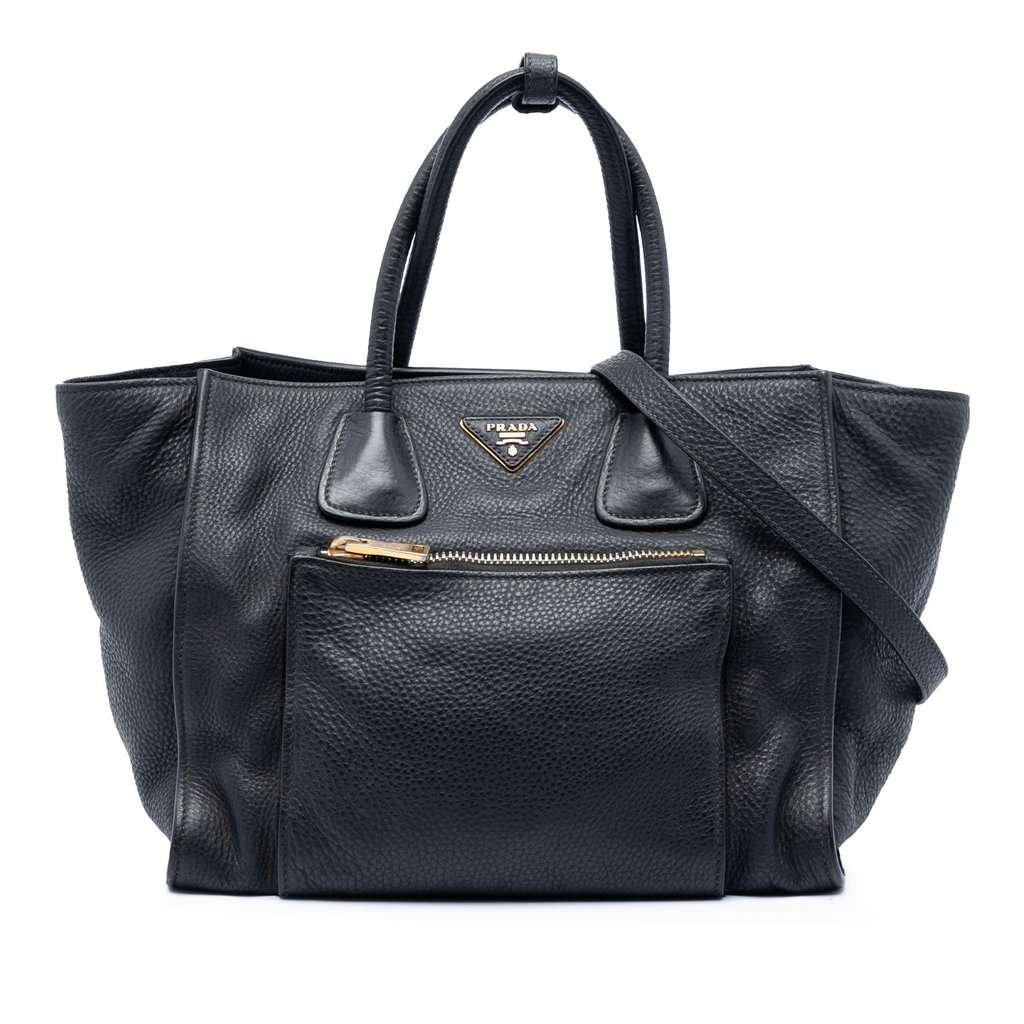 Prada Vitello Daino Front Pocket Open Convertible Tote Black Leather Very good condition - Front View