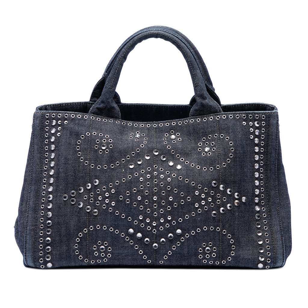 Prada Studded Denim Canapa Logo Satchel Navy Very good - Front View
