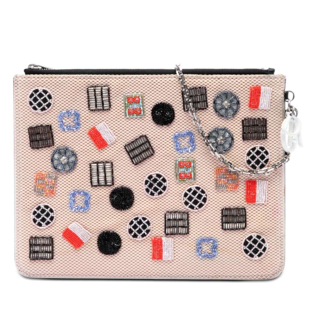 Dior Technical Fabric Mesh Embroidered Flat Stardust Pouch with Chain Beige Very good - Front View