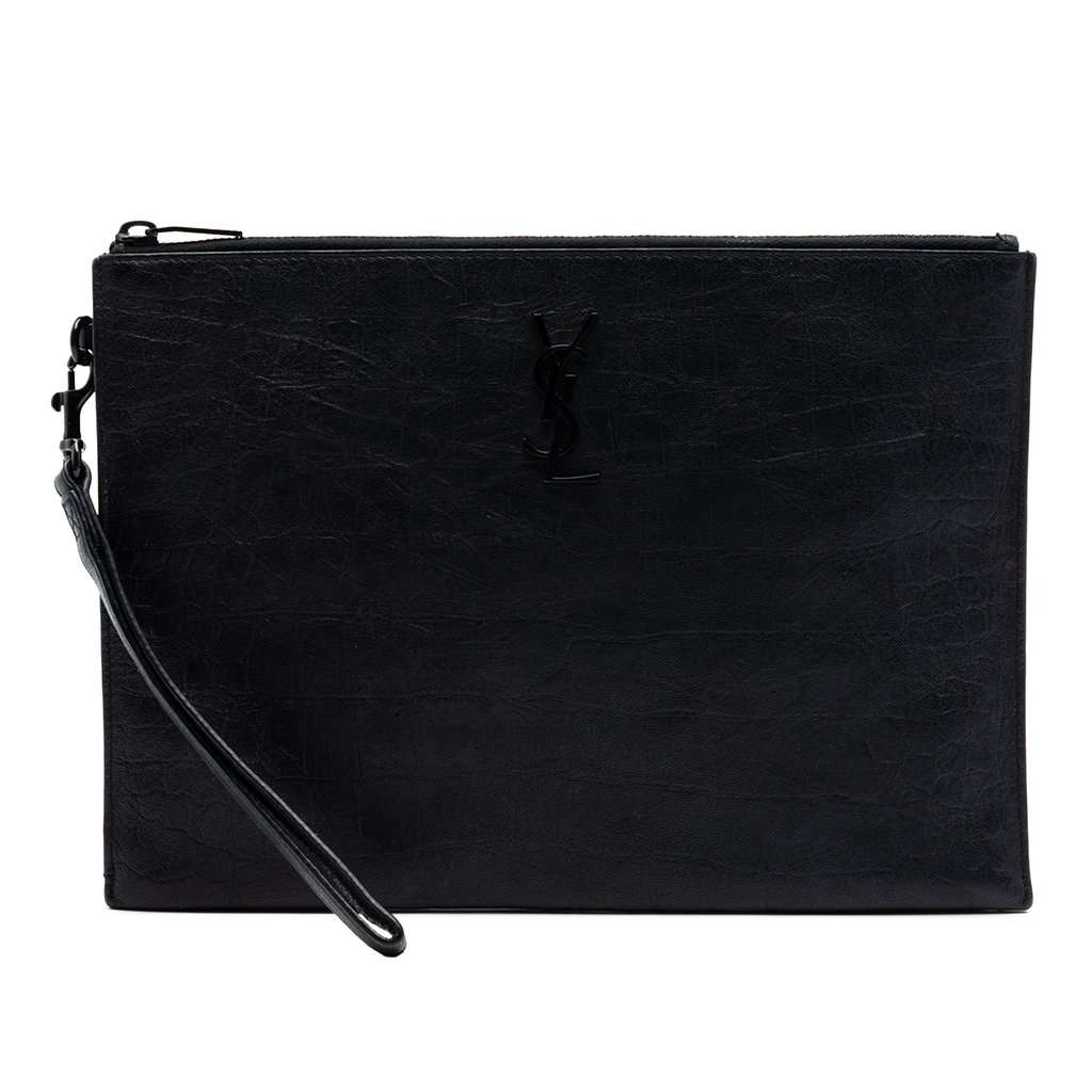 Saint Laurent Croc Embossed Leather Monogram Zip Pouch Black Leather Very good - Front View