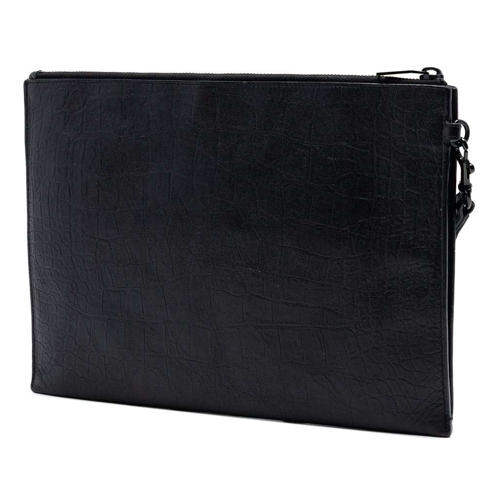Saint Laurent Croc Embossed Leather Monogram Zip Pouch Black Leather Very good - Back View