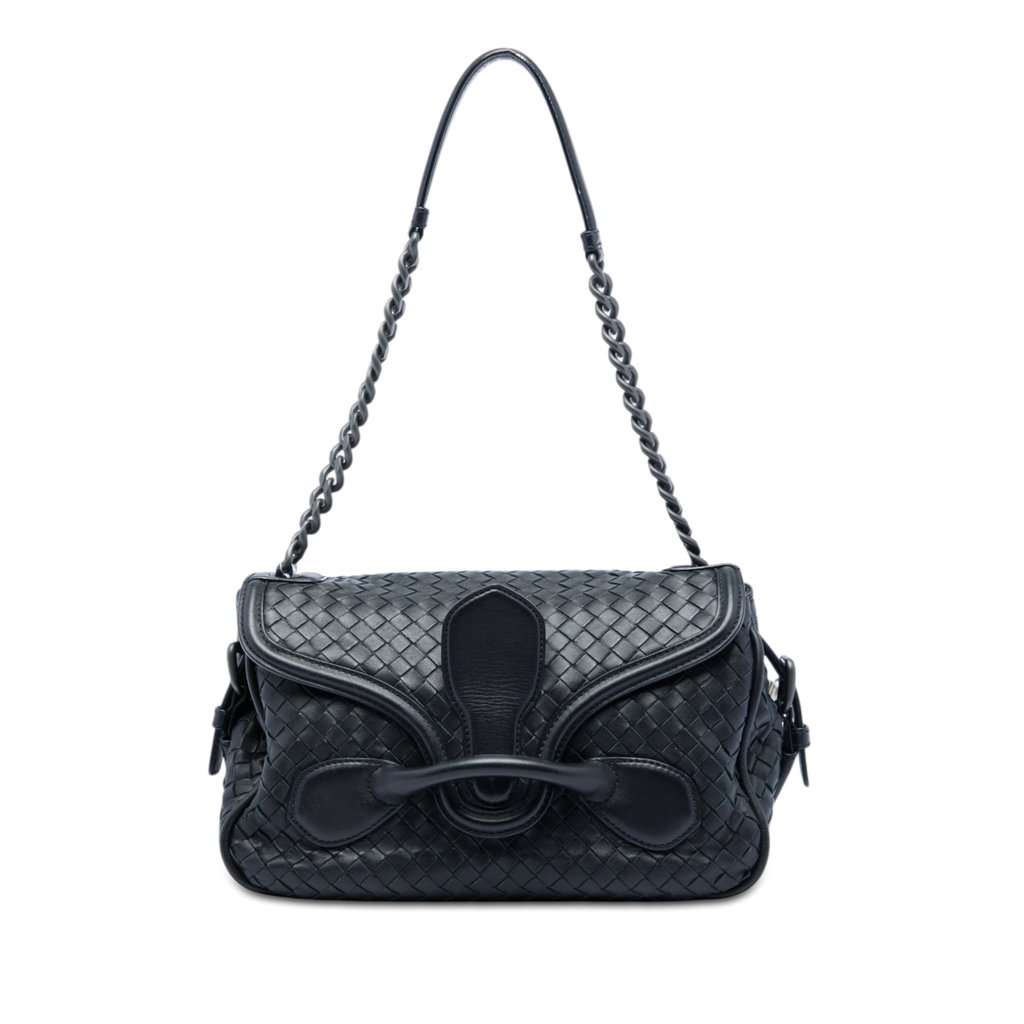 Bottega Veneta Nappa Intrecciato Rialto Shoulder Bag Black Leather Very good - Front View