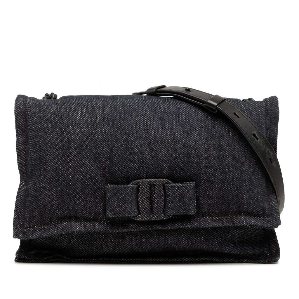 Ferragamo Small Denim Viva Bow Shoulder Bag Black Very good condition - Front View