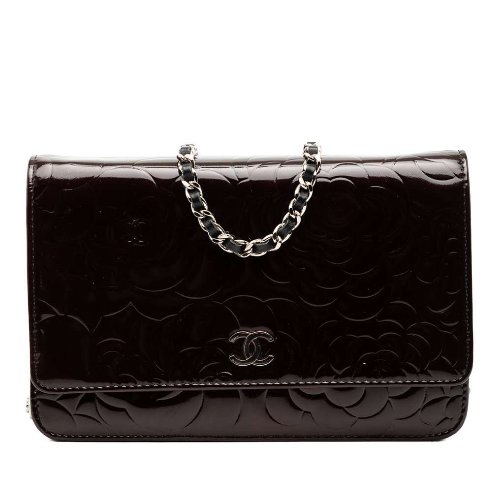 Chanel CC Embossed Patent Camellia Wallet On Chain Brown Leather Very good - Front View