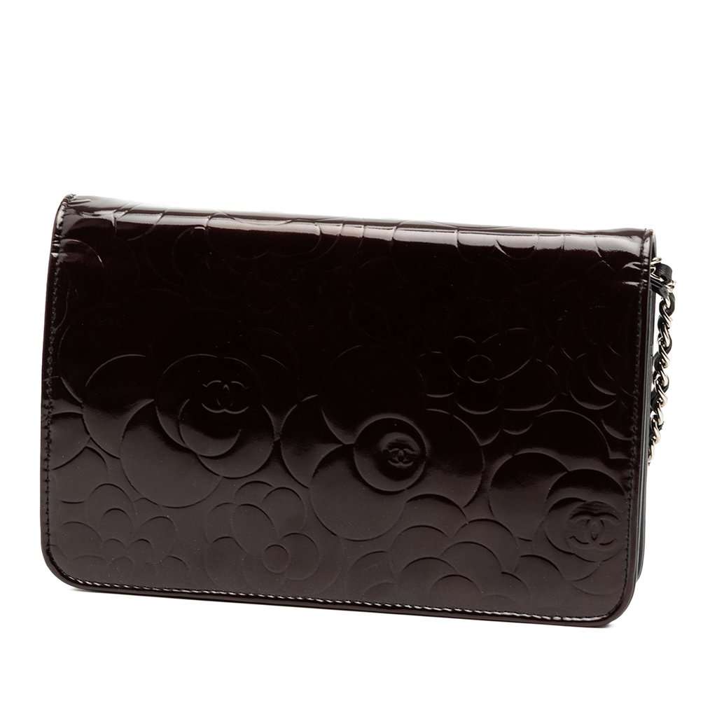 Chanel CC Embossed Patent Camellia Wallet On Chain Brown Leather Very good - Back View