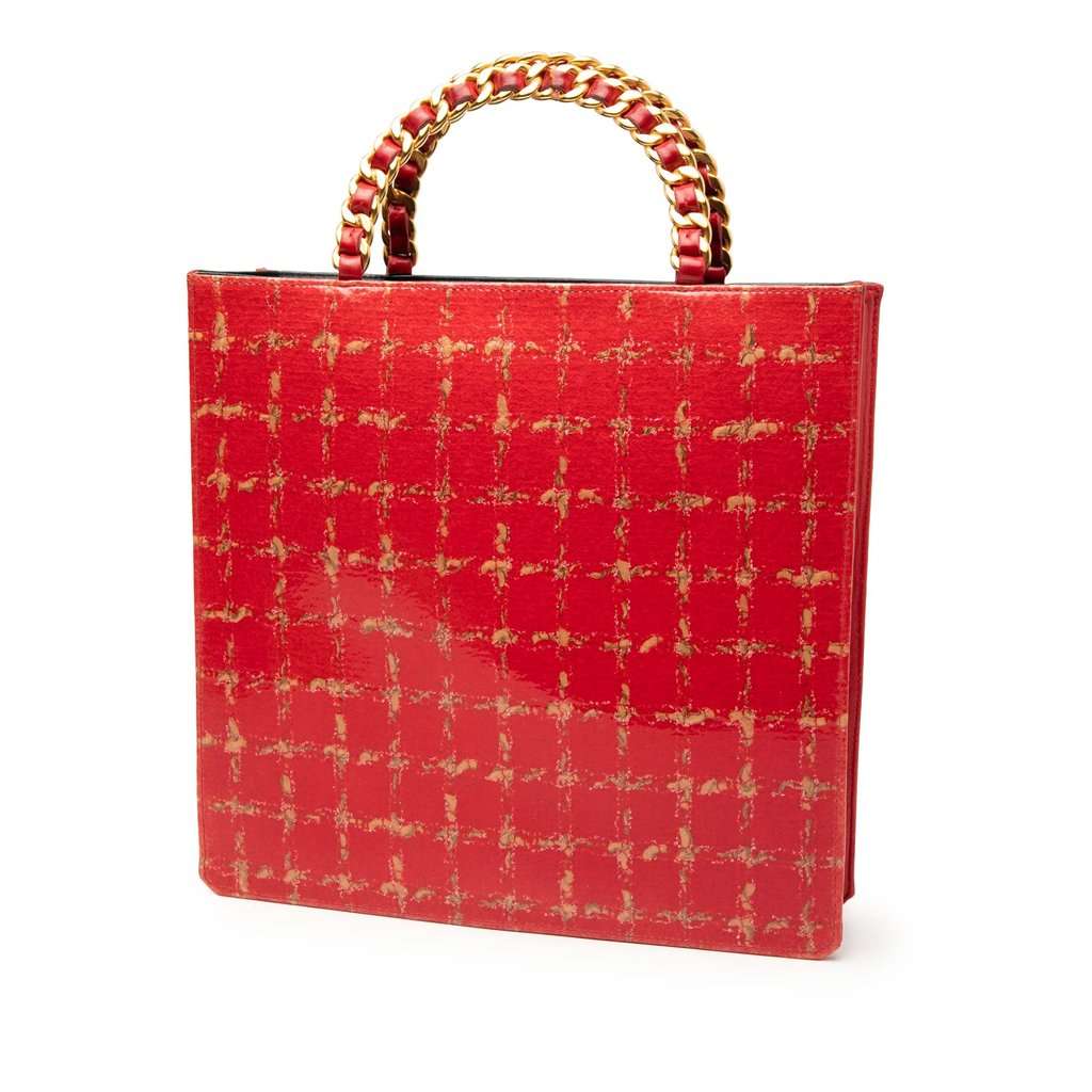 Chanel Chocolate Bar Patent Tweed Print Tote Red Leather Very good - Back View