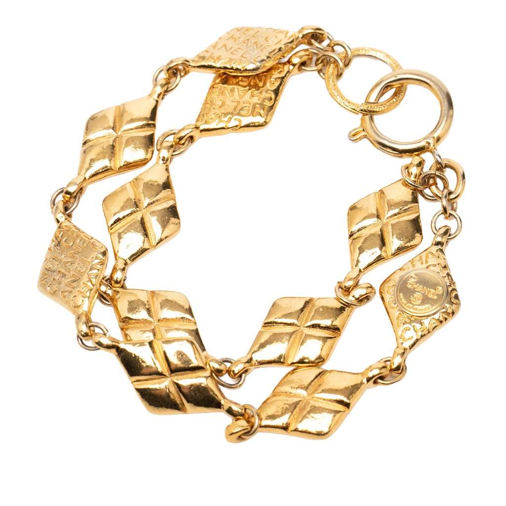 Chanel Gold Plated Quilted Diamond Shape Double Chain Bracelet Gold Metal Very good condition - Back View