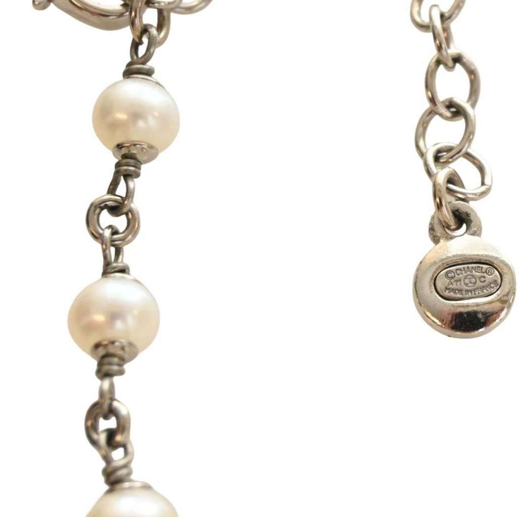 Chanel CC Brass Strass Faux Pearl Baroque Chain Long Necklace Silver Metal Very good condition - Inside View