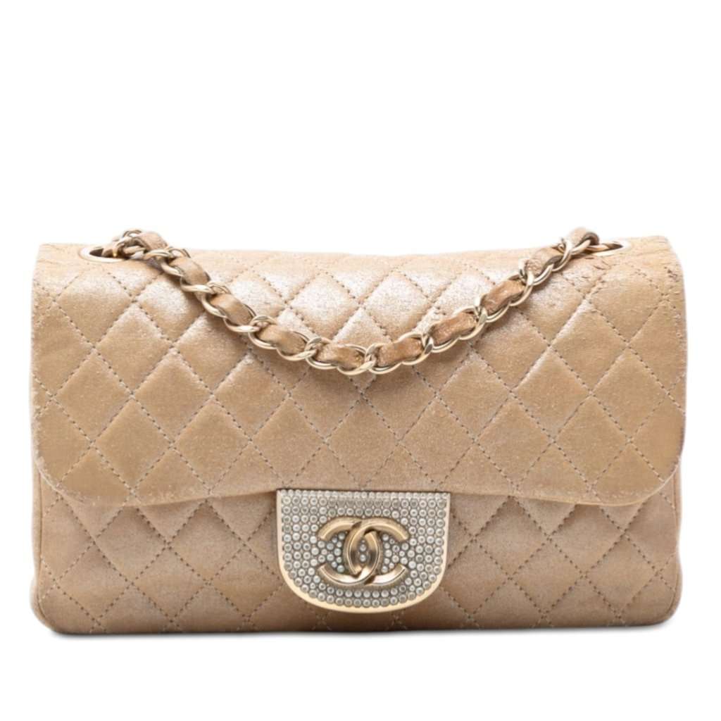 Chanel Small Quilted Iridescent Lambskin Pearl CC Crystal Flap Gold Leather Good - Front View