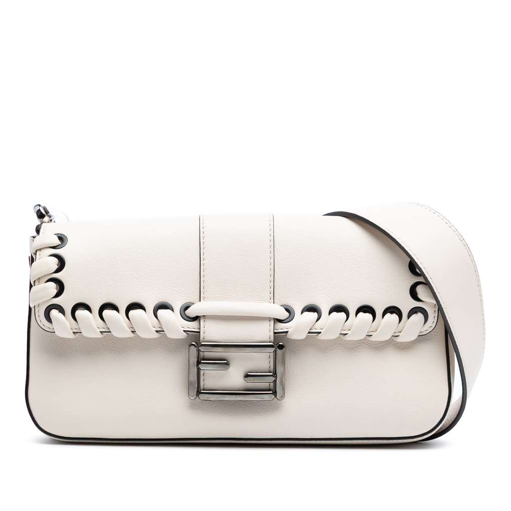 Fendi Whipstitch Leather Baguette Crossbody White Leather Very good - Front View