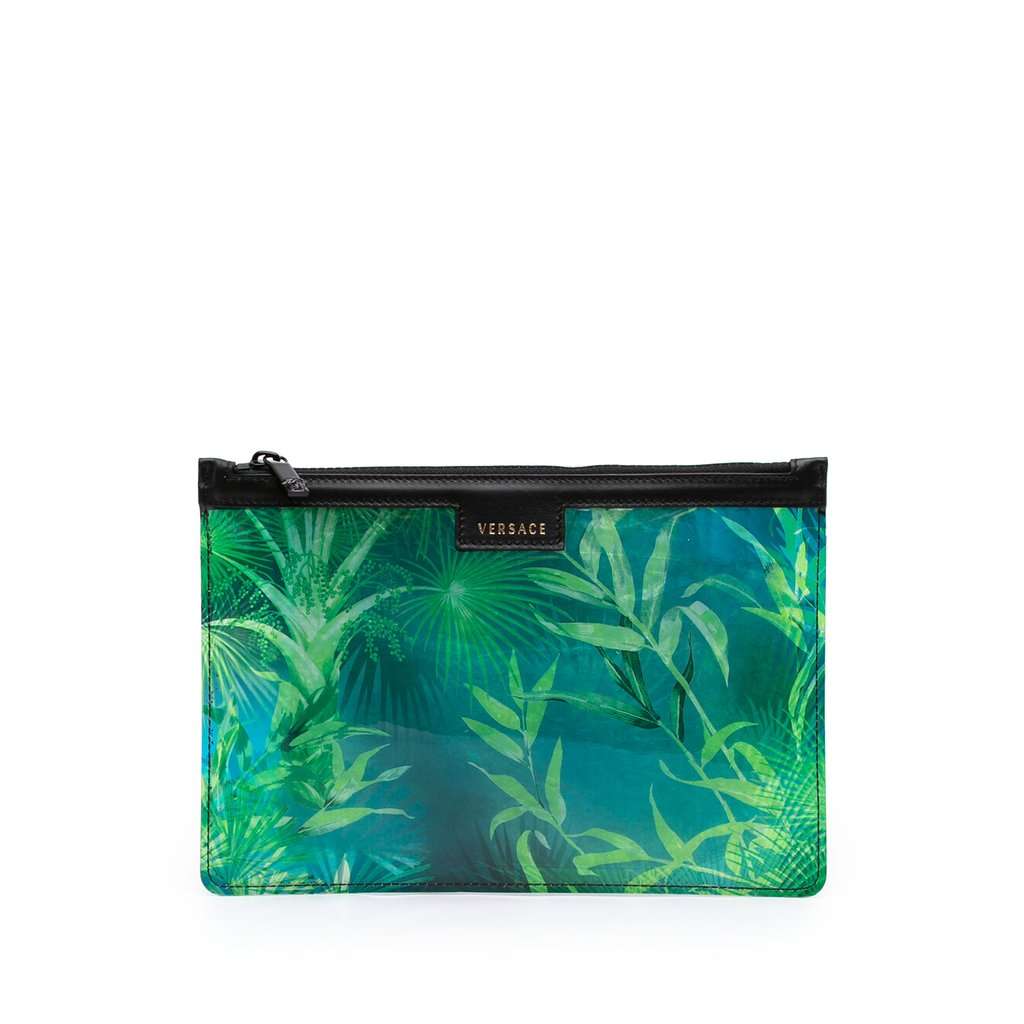 Versace PVC Jungle Print Zipped Clutch Green Plastic Very good - Front View